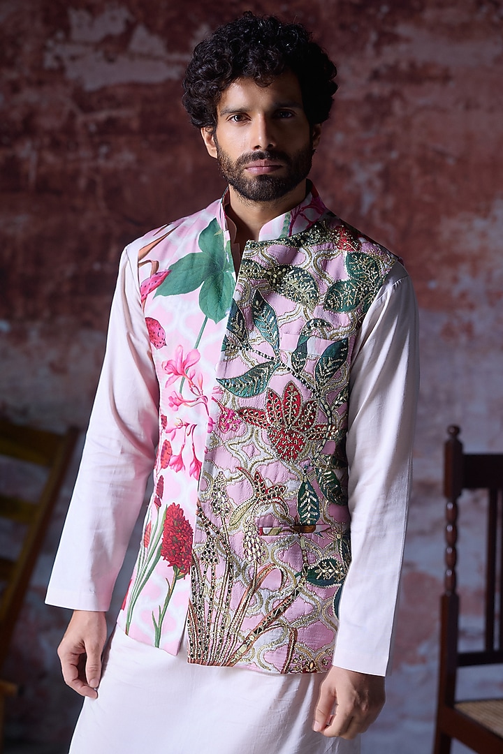 Soft Pink Satin Organza Embroidered Bundi Jacket Set by Mahima Mahajan Men at Pernia's Pop Up Shop
