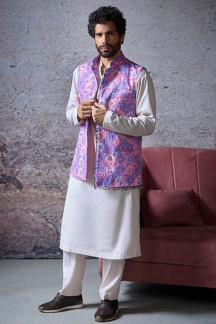 Lilac Cambric Cotton Embroidered Bundi Jacket Set by Mahima Mahajan Men