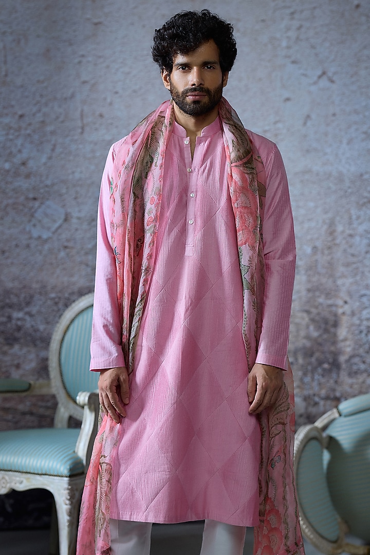 Blush Pink Silk Chanderi & Organza Kurta Set by Mahima Mahajan Men