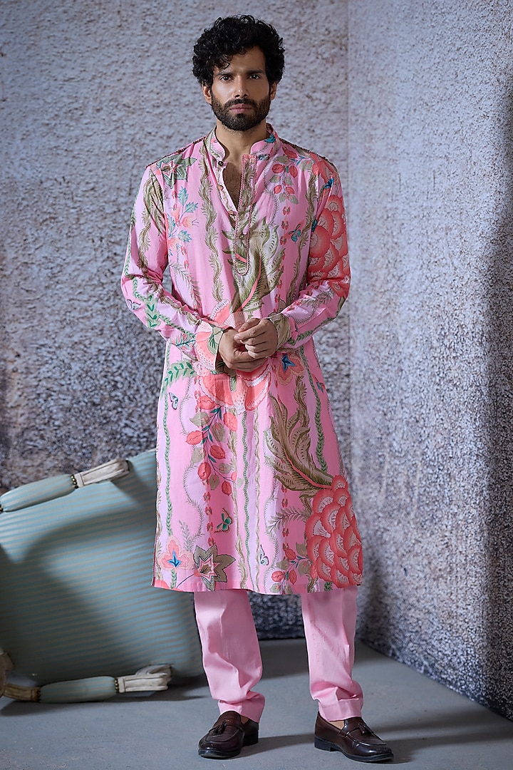 Blush Pink Cambric Cotton Printed Kurta Set by Mahima Mahajan Men