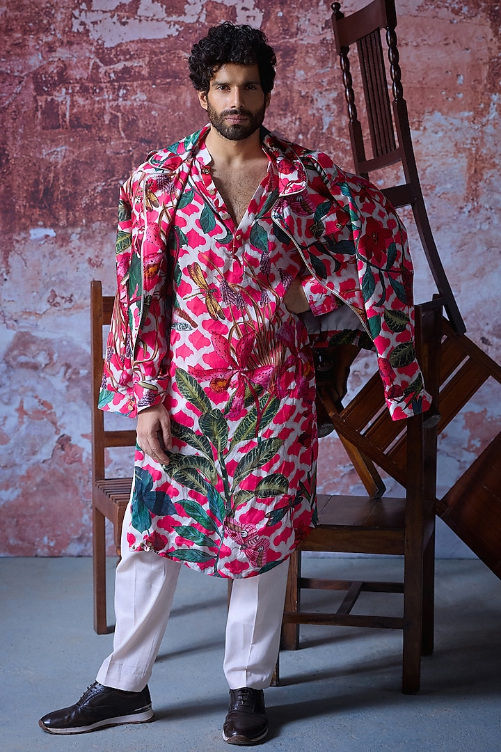 Hot Pink Satin Organza Printed Kurta Set by Mahima Mahajan Men