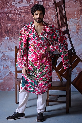 Hot Pink Satin Organza Printed Kurta Set by Mahima Mahajan Men