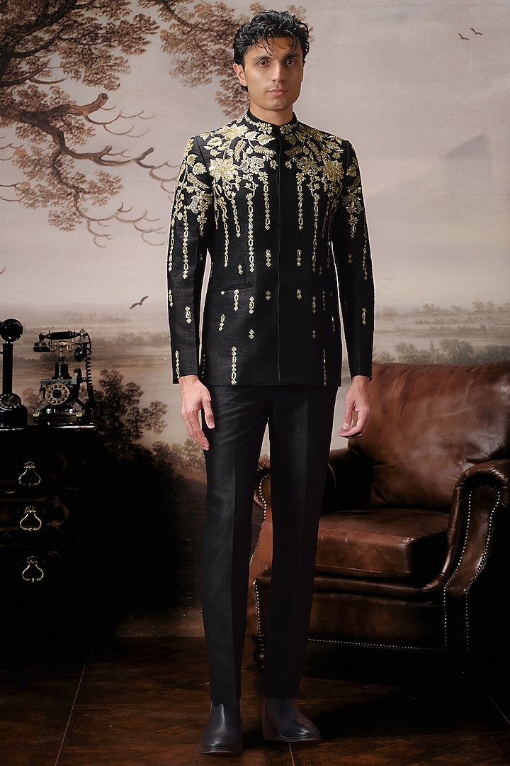 Black Raw Silk Wedding Bandhgala Set by Mahima Mahajan Men at Pernia's Pop Up Shop