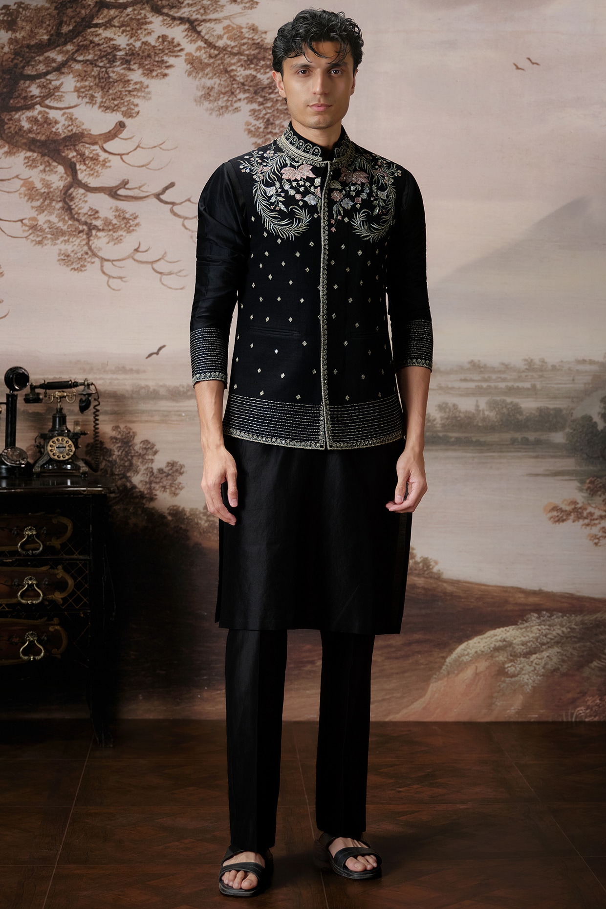 Mahima Mahajan Black Matka Silk Bundi Jacket Set