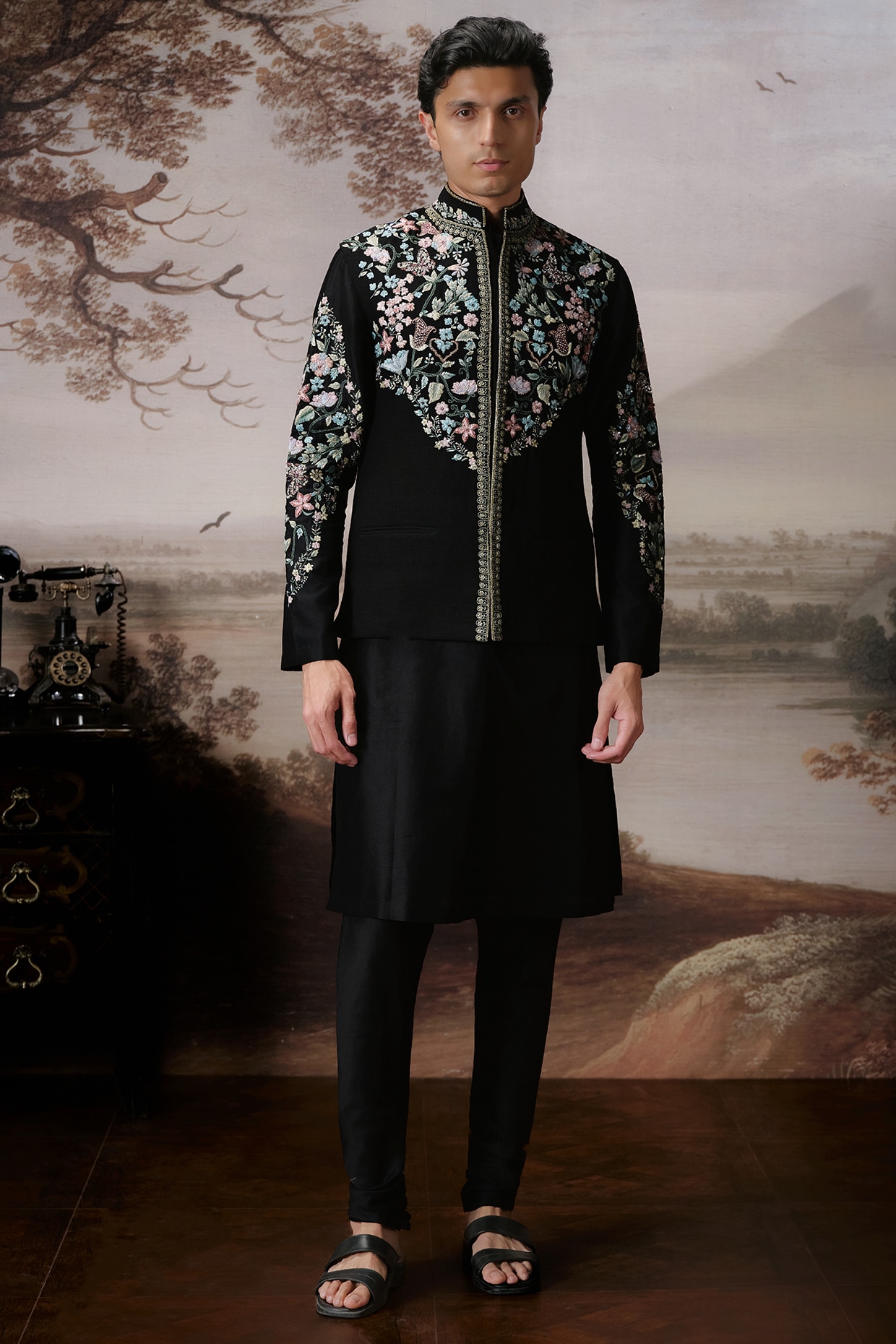 Mahima Mahajan Black Matka Silk Bundi Jacket Set