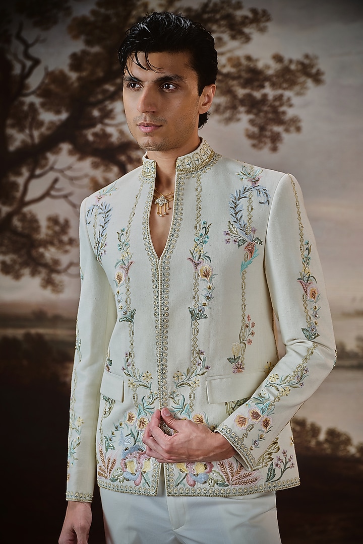 Ivory Matka Silk Embroidered Groom Indowestern Set by Mahima Mahajan Men at Pernia's Pop Up Shop