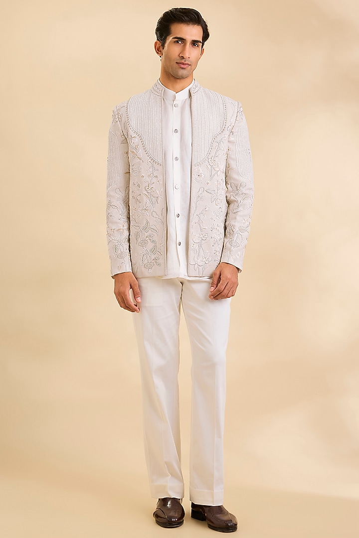 Ivory Chanderi Wedding Indowestern Set by Mahima Mahajan Men at Pernia's Pop Up Shop