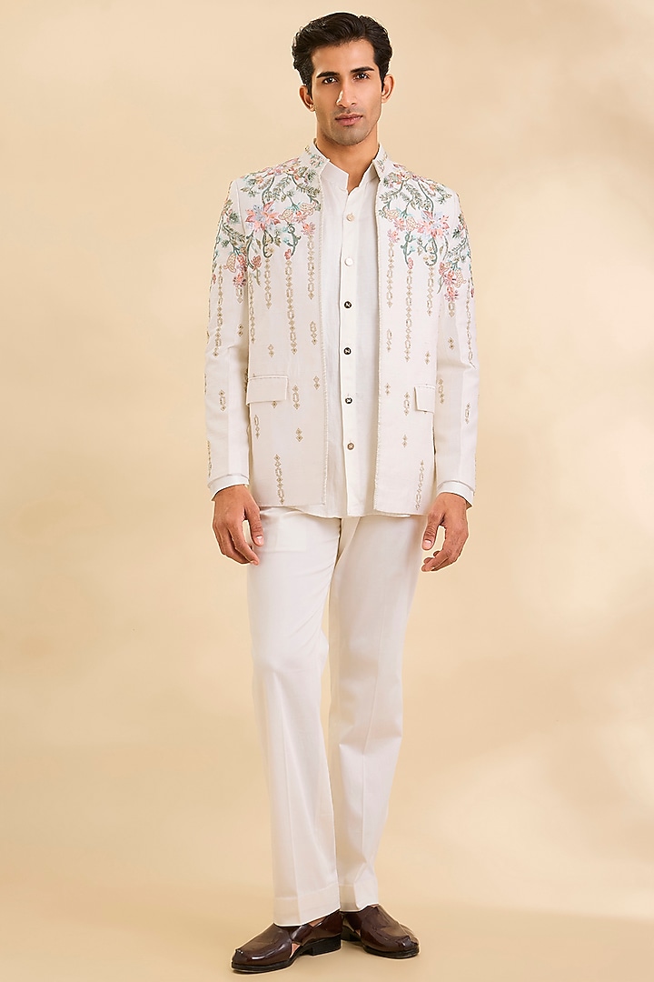 Ivory Chanderi Wedding Indowestern Set by Mahima Mahajan Men at Pernia's Pop Up Shop