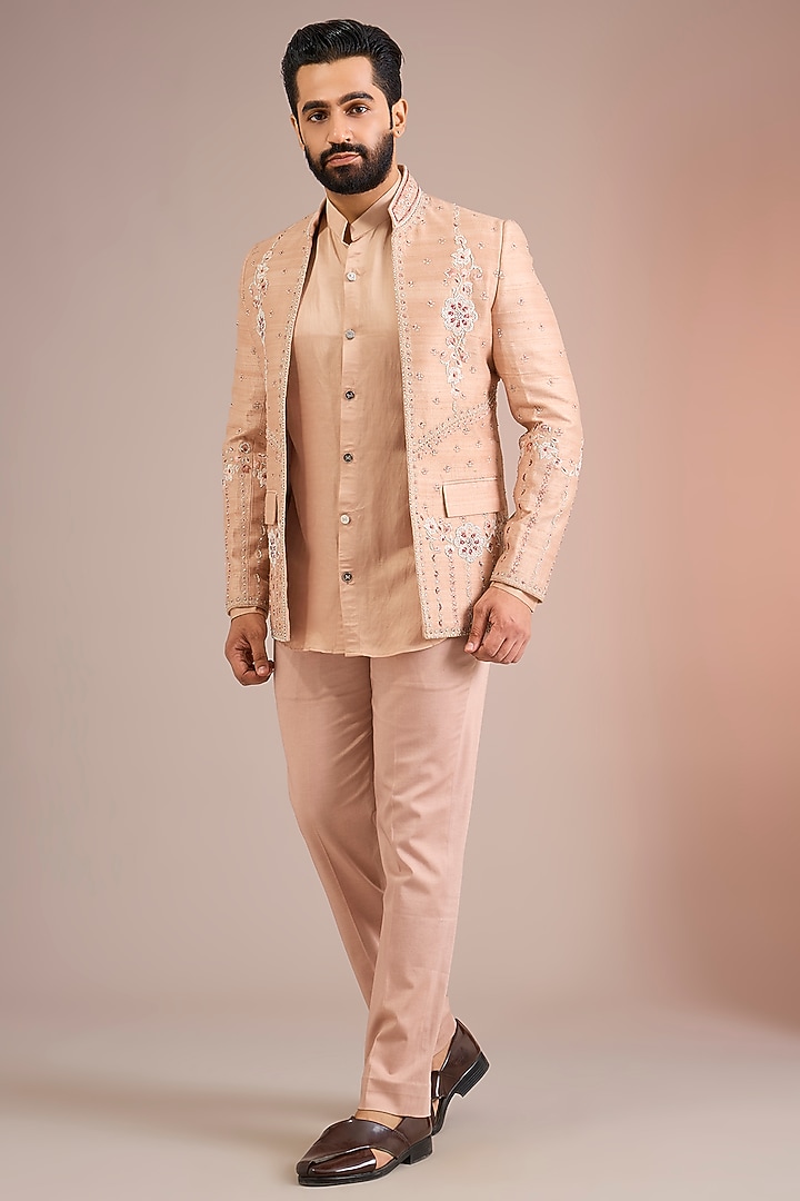 Powder Pink Raw Silk Wedding Indowestern Set by Mahima Mahajan Men at Pernia's Pop Up Shop