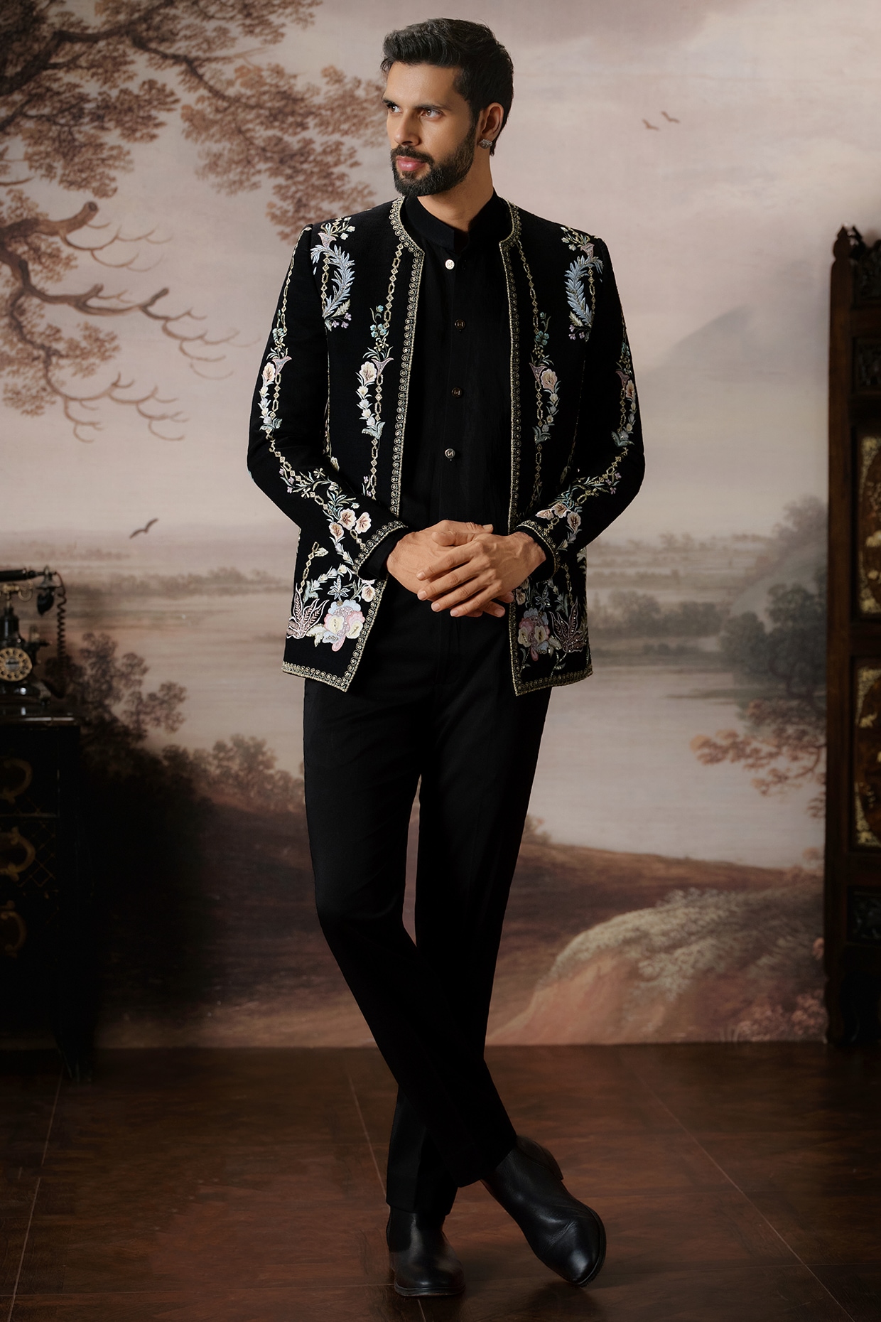 Mahima Mahajan Black Matka Silk Open Jacket Set