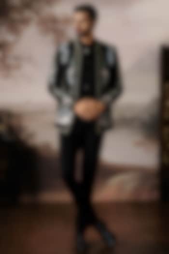 Black Matka Silk Open Jacket Set by Mahima Mahajan Men at Pernia's Pop Up Shop