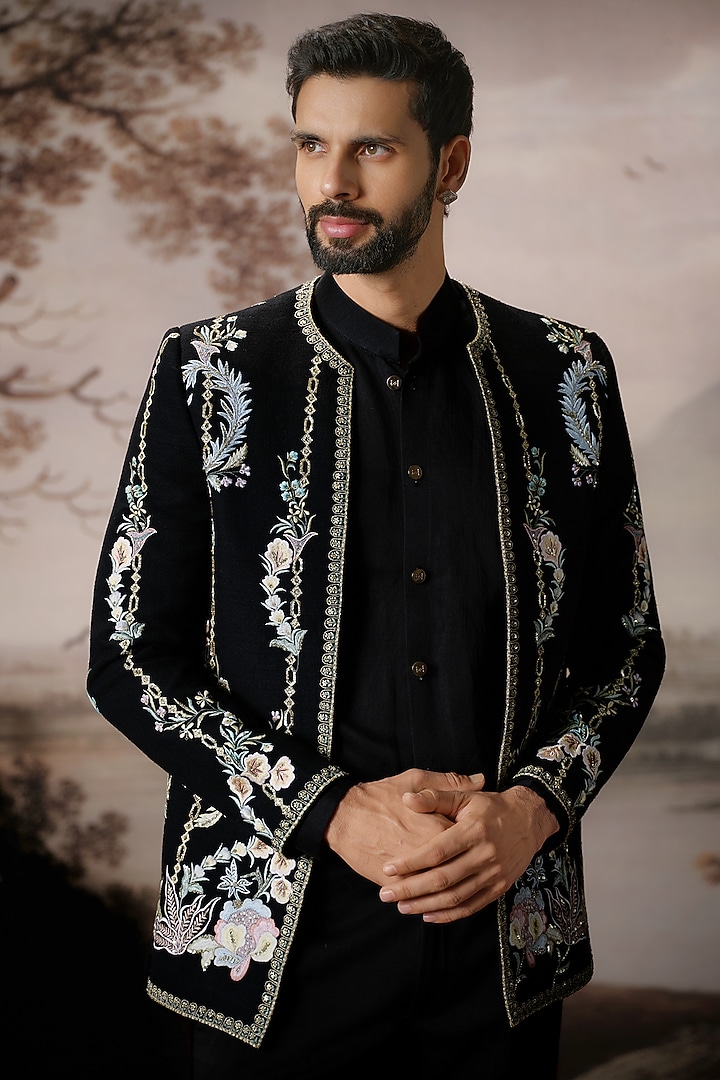 Black Matka Silk Open Jacket Set by Mahima Mahajan Men at Pernia's Pop Up Shop