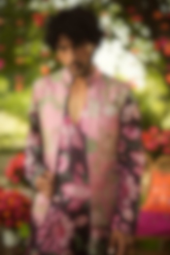 Warm Bubblegum Linen Satin Embroidered Bundi Jacket by Mahima Mahajan Men at Pernia's Pop Up Shop