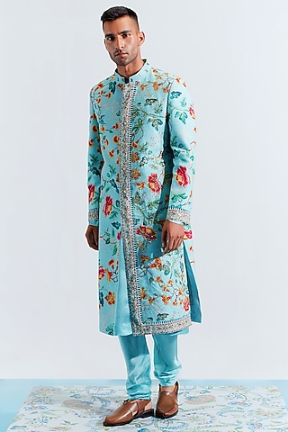 Blue Embroidered Sherwani Set by Mahima Mahajan Men