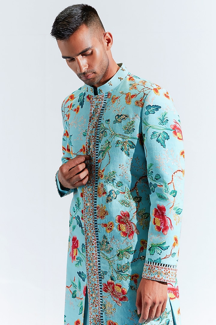 Blue Embroidered Wedding Sherwani Set by Mahima Mahajan Men at Pernia's Pop Up Shop