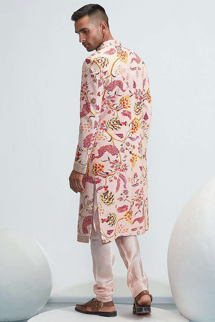 Nude Textured Cotton Embroidered Wedding Sherwani Set by Mahima Mahajan Men at Pernia's Pop Up Shop