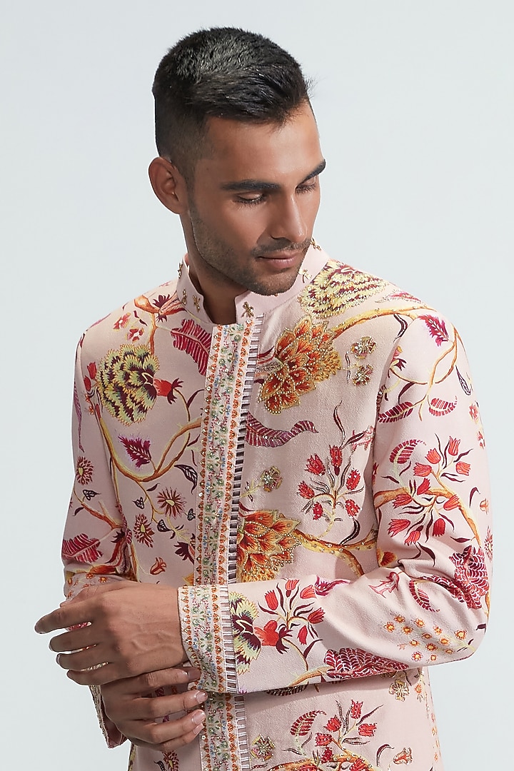 Nude Textured Cotton Embroidered Wedding Sherwani Set by Mahima Mahajan Men at Pernia's Pop Up Shop
