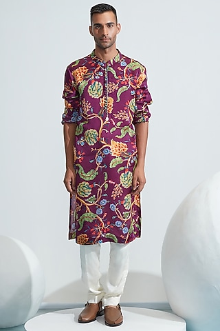 Purple Printed Kurta Set by Mahima Mahajan Men