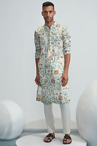Ivory Printed Kurta Set by Mahima Mahajan Men