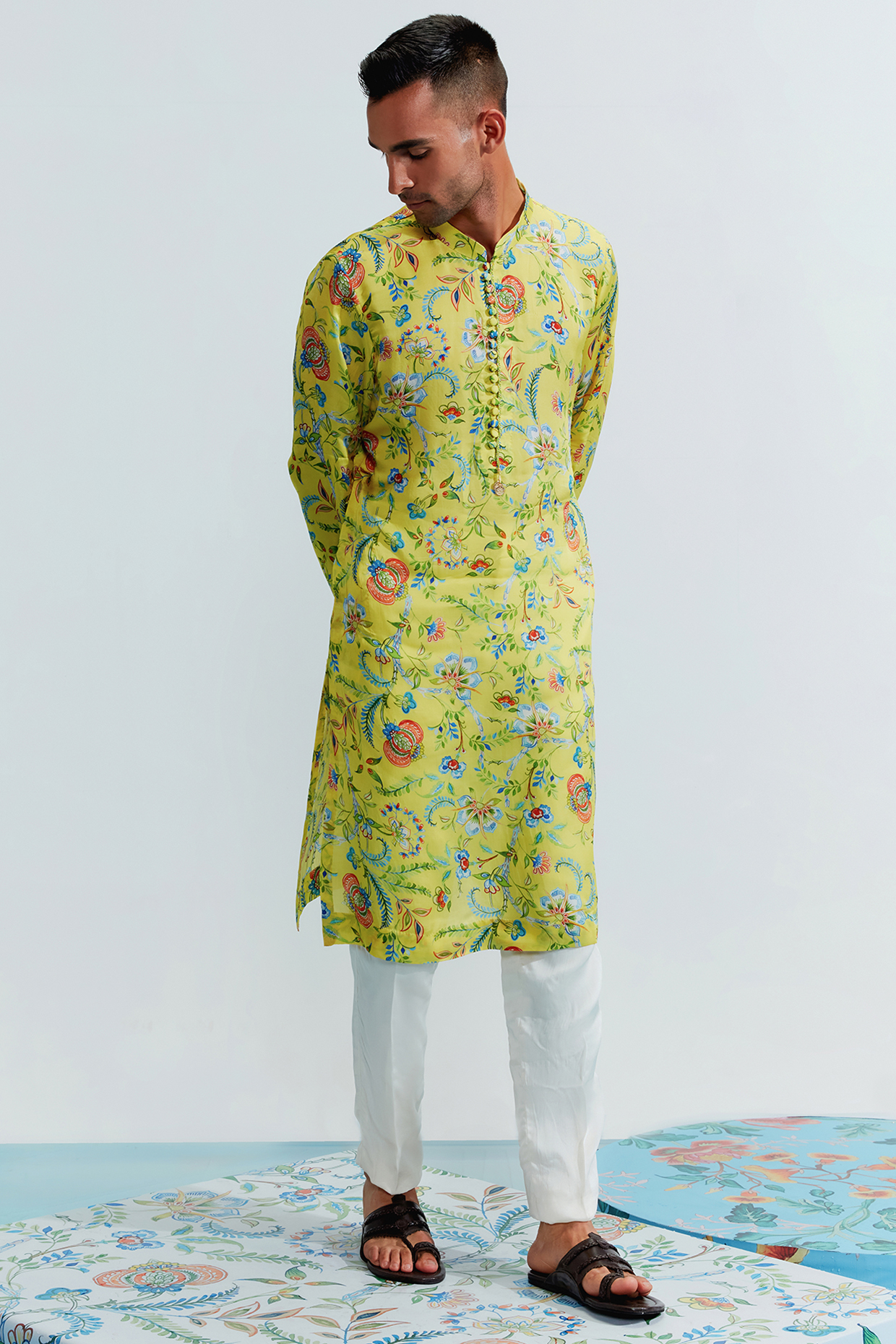 Yellow Printed Kurta Set by Mahima Mahajan Men