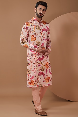 Pastel Pink Satin Organza Printed Kurta Set by Mahima Mahajan Men