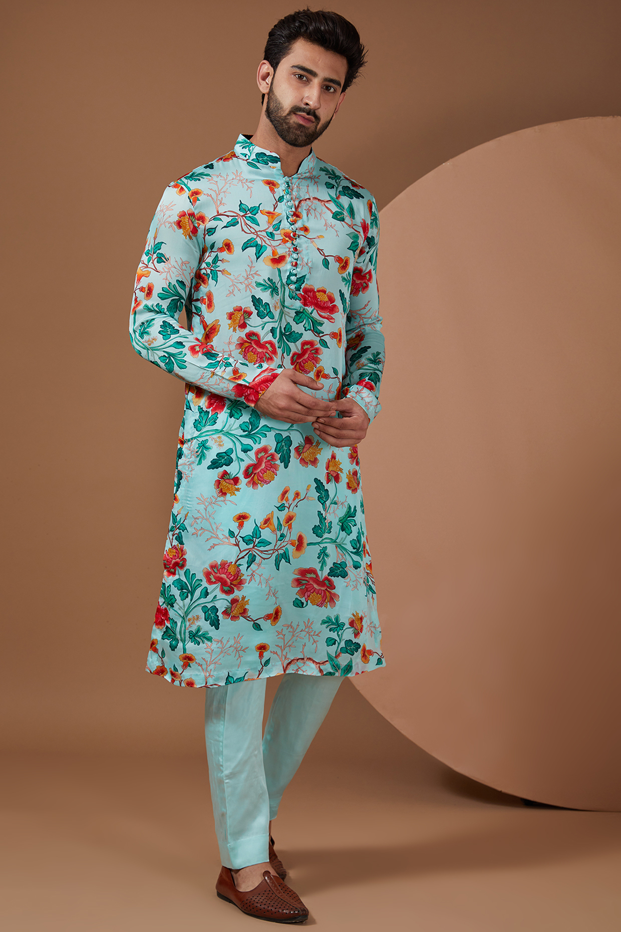 Aqua Blue Satin Organza Printed Kurta Set by Mahima Mahajan Men