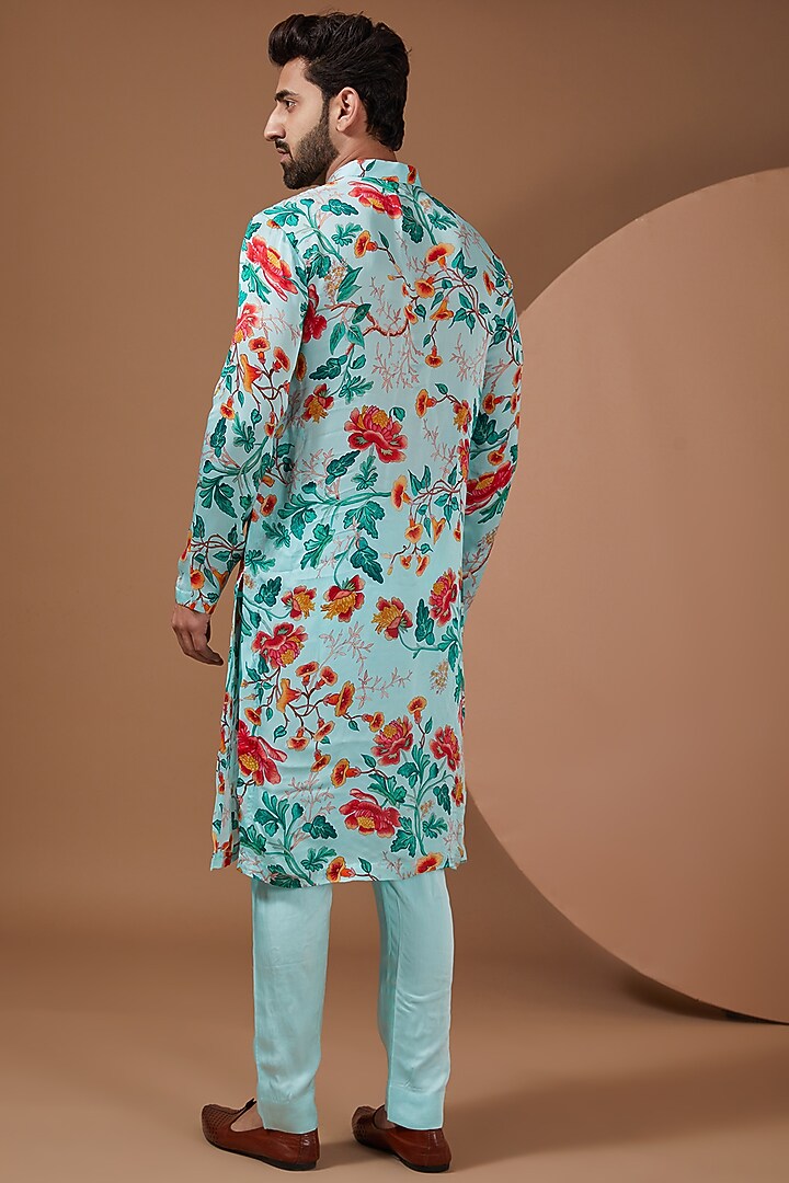 Aqua Blue Satin Organza Printed Kurta Set by Mahima Mahajan Men at Pernia's Pop Up Shop