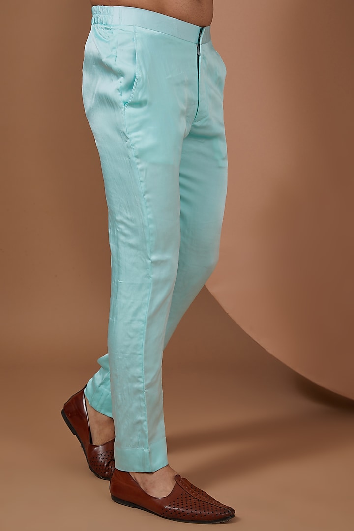 Aqua Blue Satin Organza Printed Kurta Set by Mahima Mahajan Men at Pernia's Pop Up Shop