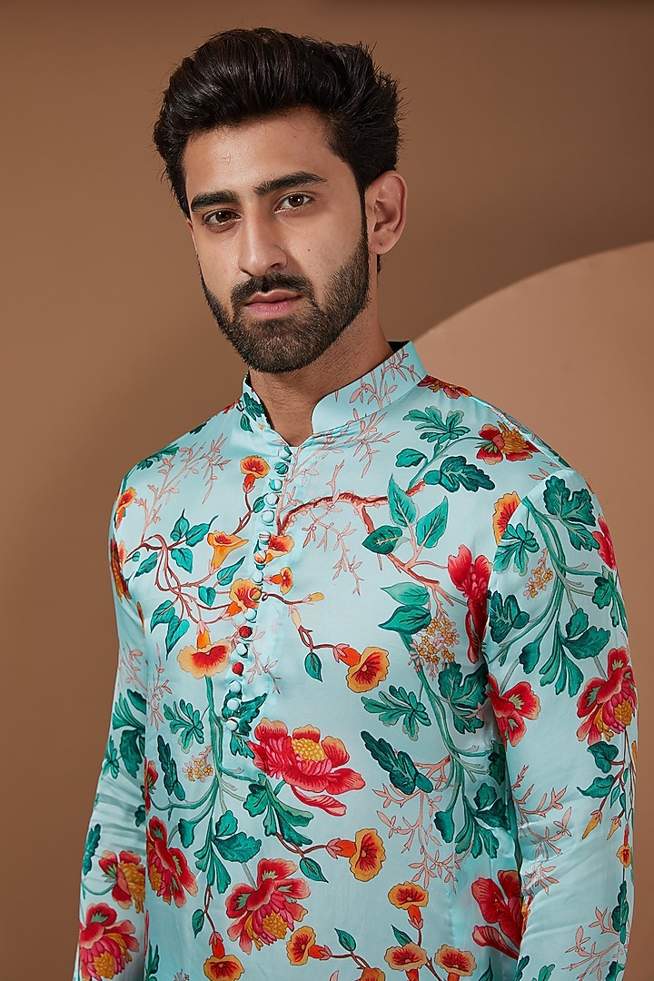 Aqua Blue Satin Organza Printed Kurta Set by Mahima Mahajan Men at Pernia's Pop Up Shop
