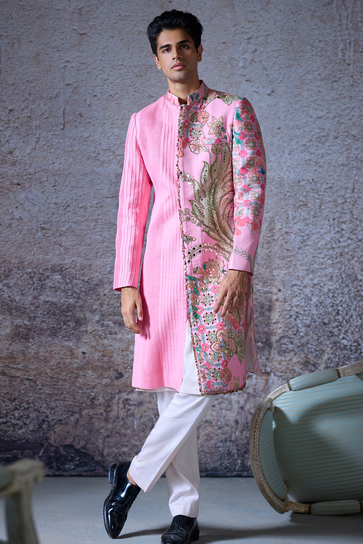 Mahima Mahajan Blush Pink Silk Chanderi Embroidered Sherwani Set