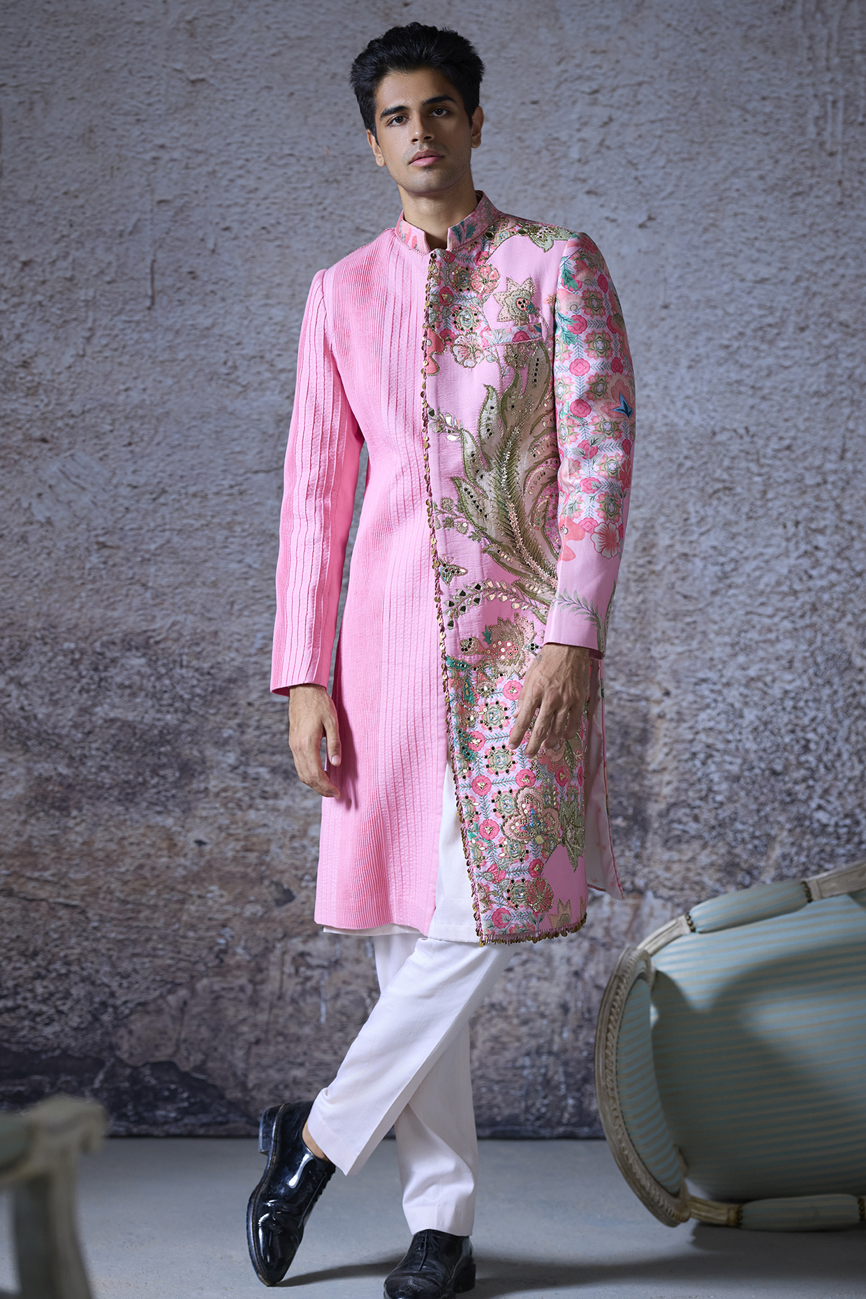 Blush Pink Silk Chanderi Embroidered Sherwani Set by Mahima Mahajan Men