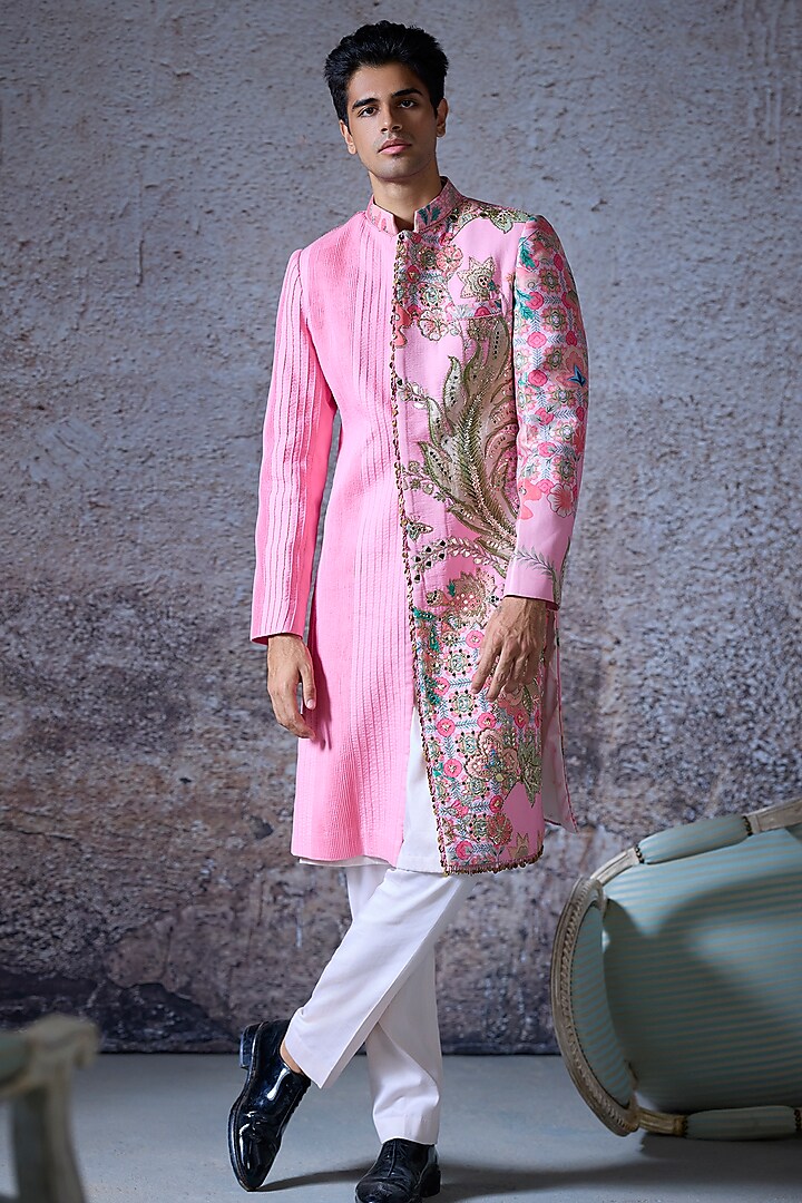 Blush Pink Silk Chanderi Embroidered Sherwani Set by Mahima Mahajan Men