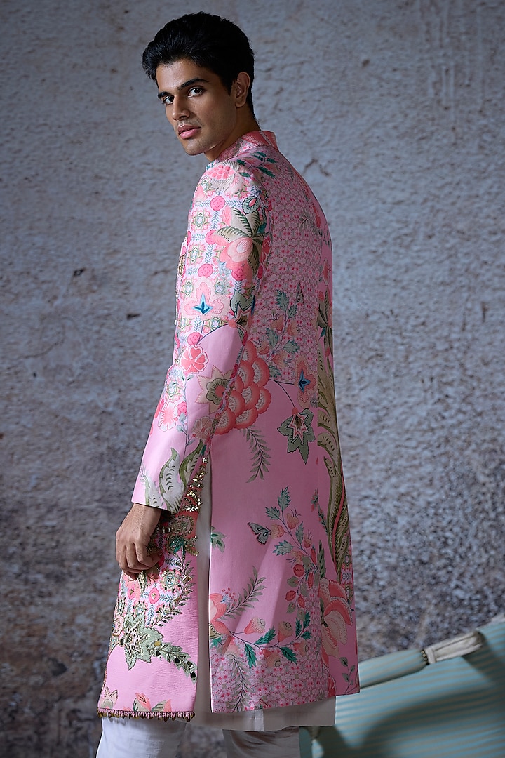Blush Pink Silk Chanderi Embroidered Wedding Sherwani Set by Mahima Mahajan Men at Pernia's Pop Up Shop