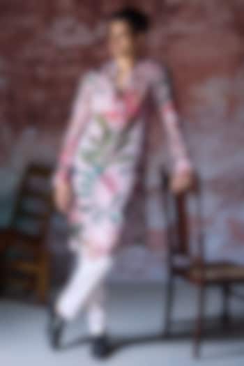 Soft Pink Satin Organza Printed Kurta Set Set by Mahima Mahajan Men