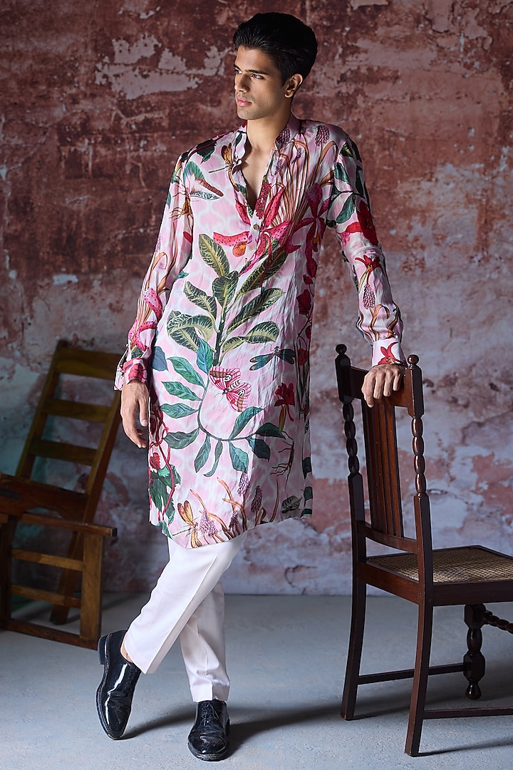 Soft Pink Satin Organza Printed Kurta Set Set by Mahima Mahajan Men