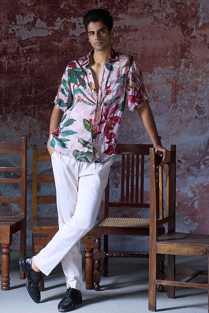Soft Pink Satin Organza Printed Shirt by Mahima Mahajan Men at Pernia's Pop Up Shop