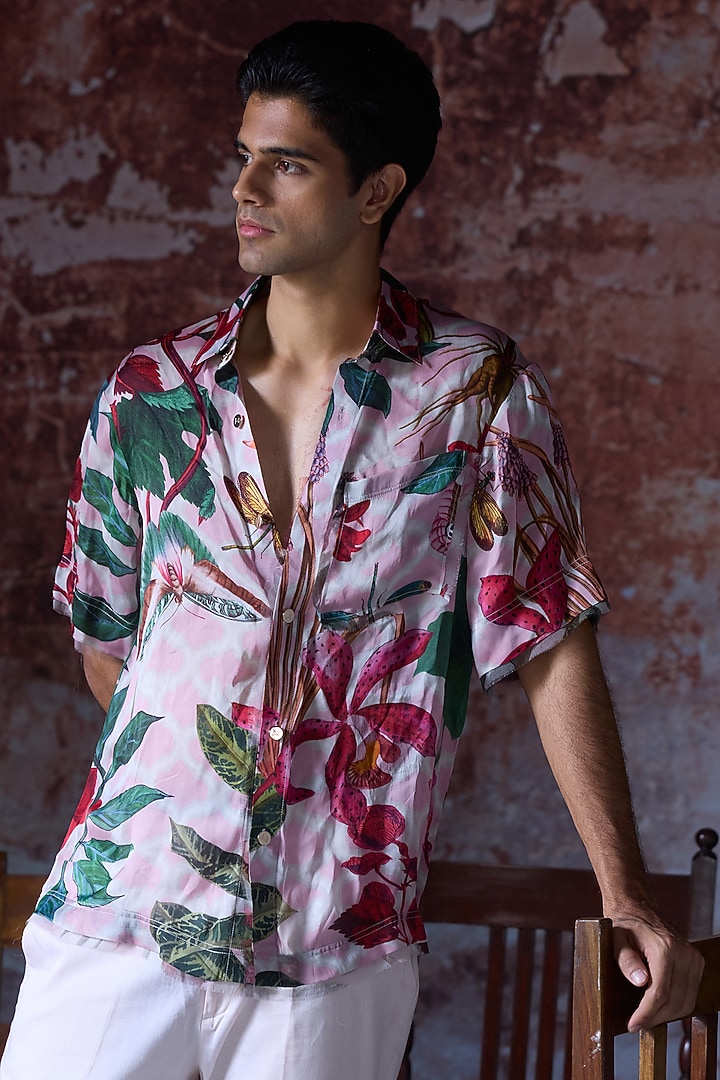 Soft Pink Satin Organza Printed Wedding Shirt by Mahima Mahajan Men at Pernia's Pop Up Shop