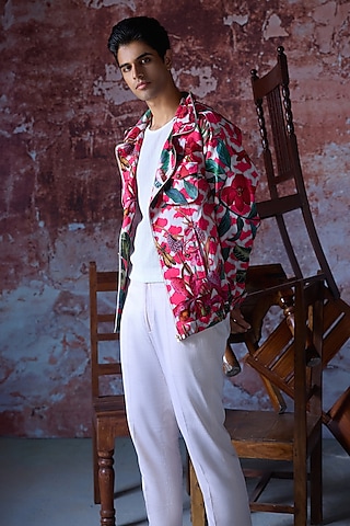 Hot Pink Satin Organza Printed Bomber Jacket by Mahima Mahajan Men