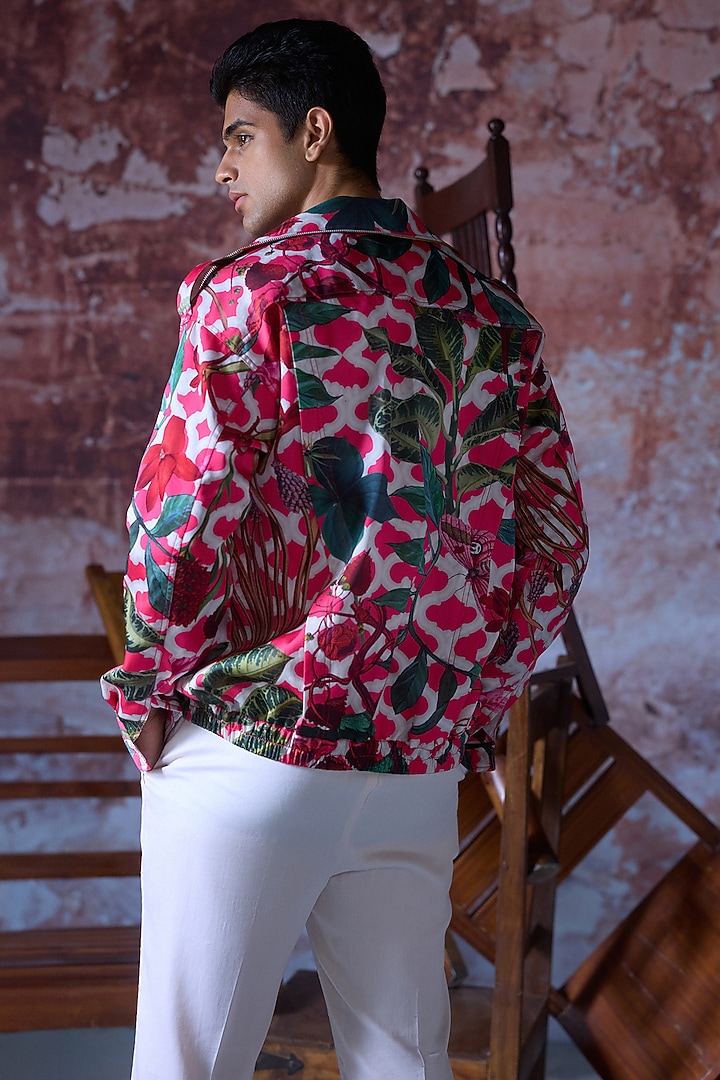 Hot Pink Satin Organza Printed Bomber Jacket by Mahima Mahajan Men at Pernia's Pop Up Shop