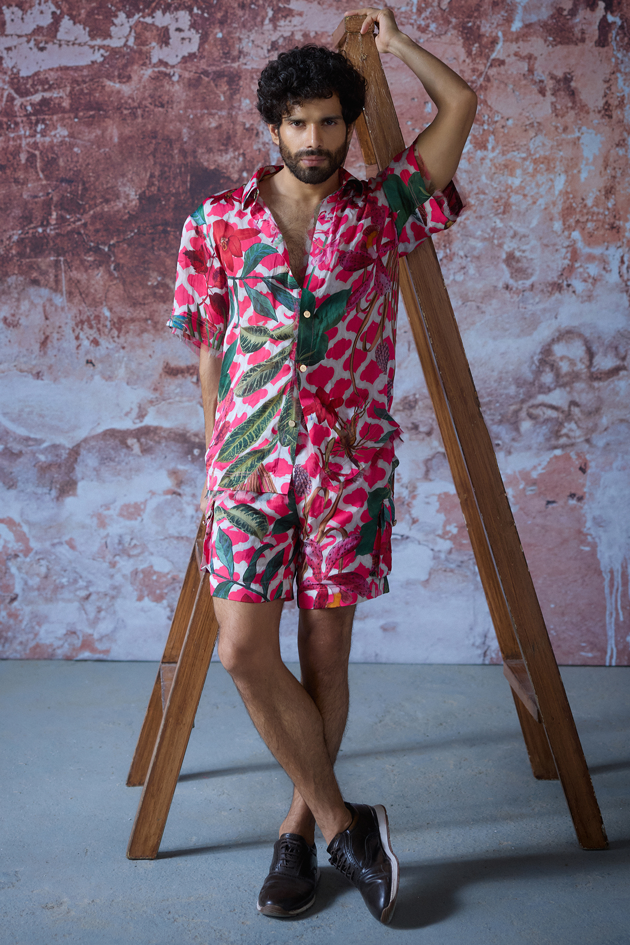 Hot Pink Satin Organza Printed Co-Ord Set by Mahima Mahajan Men