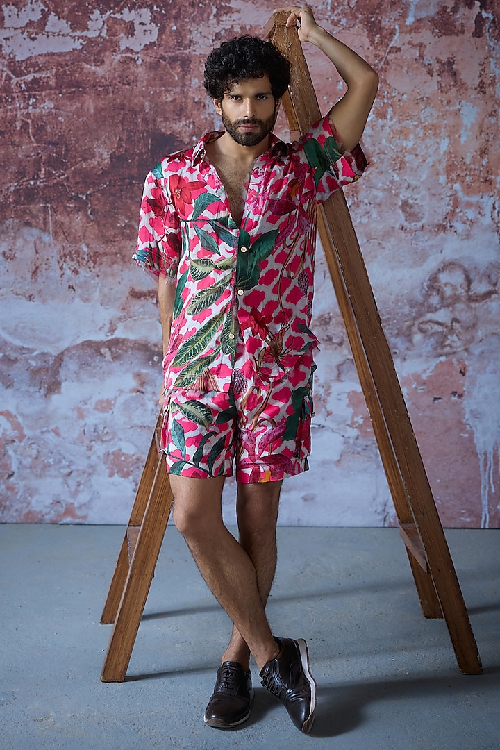 Hot Pink Satin Organza Printed Co-Ord Set by Mahima Mahajan Men