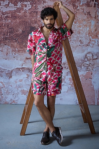 Hot Pink Satin Organza Printed Co-Ord Set by Mahima Mahajan Men