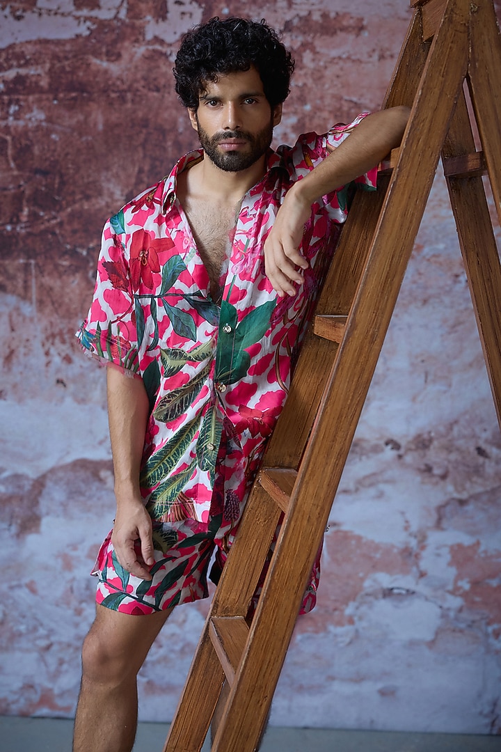 Hot Pink Satin Organza Printed Co-Ord Set by Mahima Mahajan Men at Pernia's Pop Up Shop