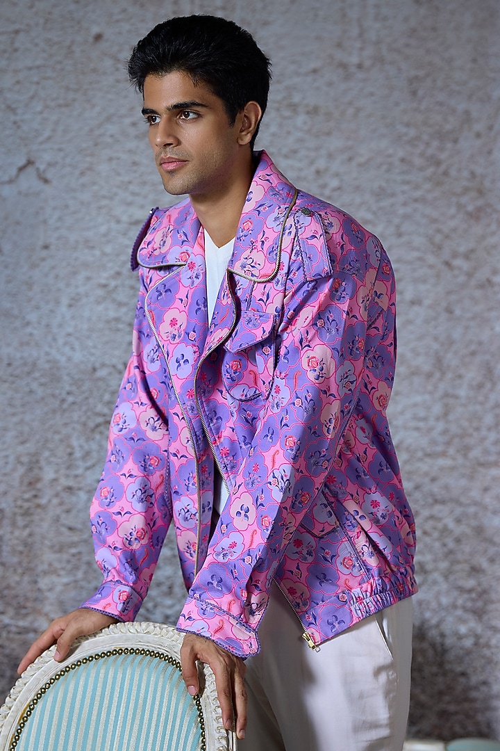 Lilac Cambric Cotton Printed Bomber Jacket by Mahima Mahajan Men at Pernia's Pop Up Shop