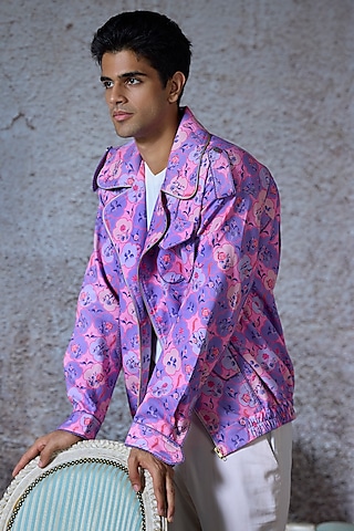 Lilac Cambric Cotton Printed Bomber Jacket by Mahima Mahajan Men