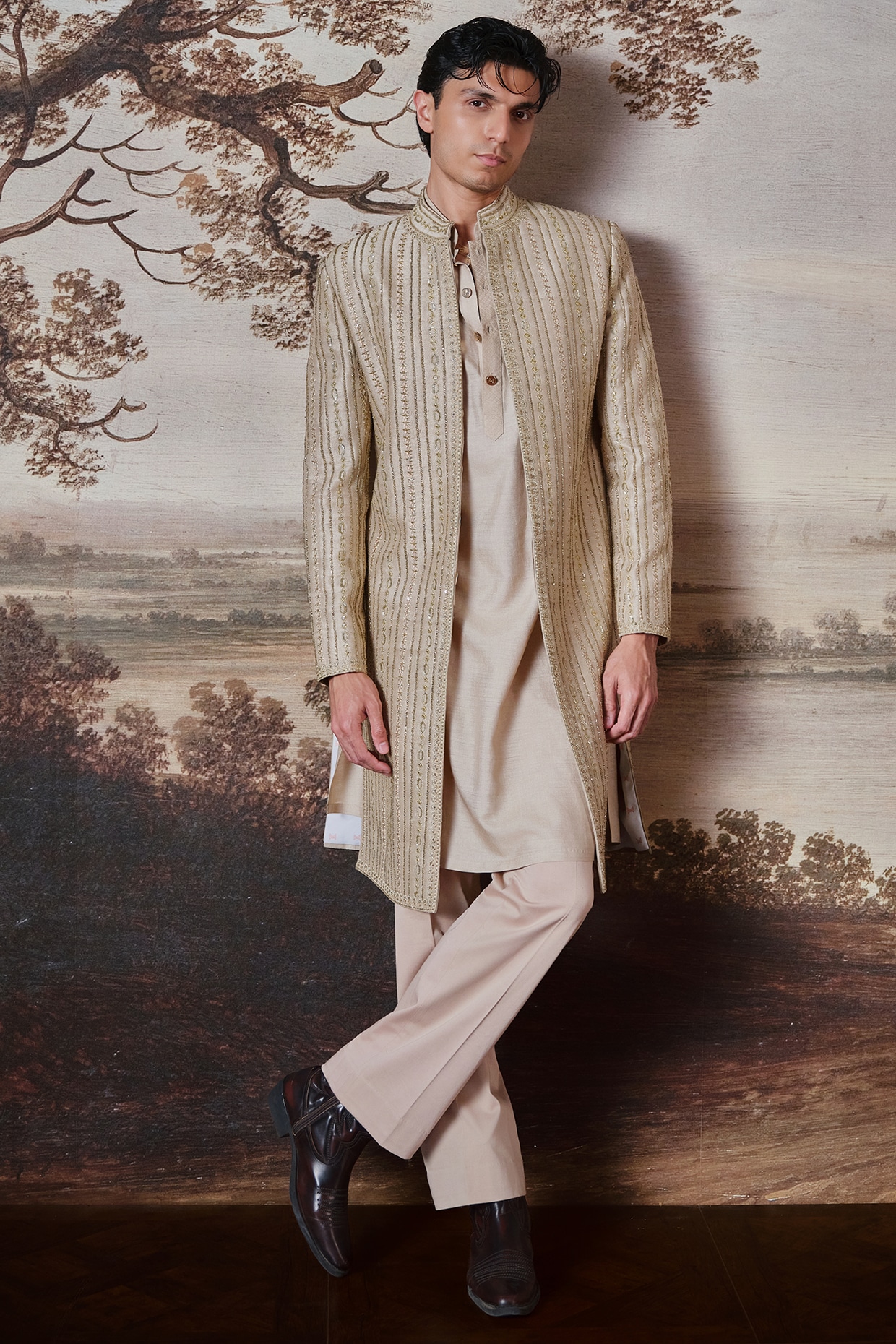 Mahima Mahajan Beige Raw Silk Embroidered Sherwani Set