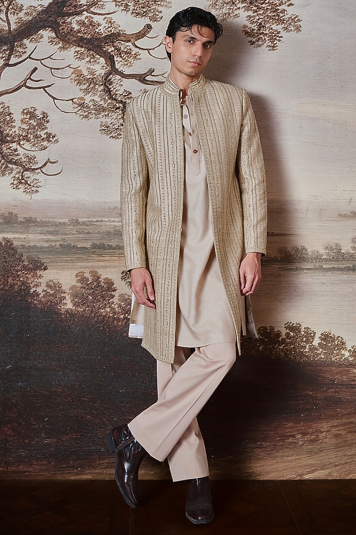 Beige Raw Silk Embroidered Groom Sherwani Set by Mahima Mahajan Men at Pernia's Pop Up Shop