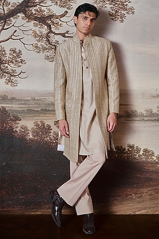 Beige Raw Silk Embroidered Sherwani Set by Mahima Mahajan Men