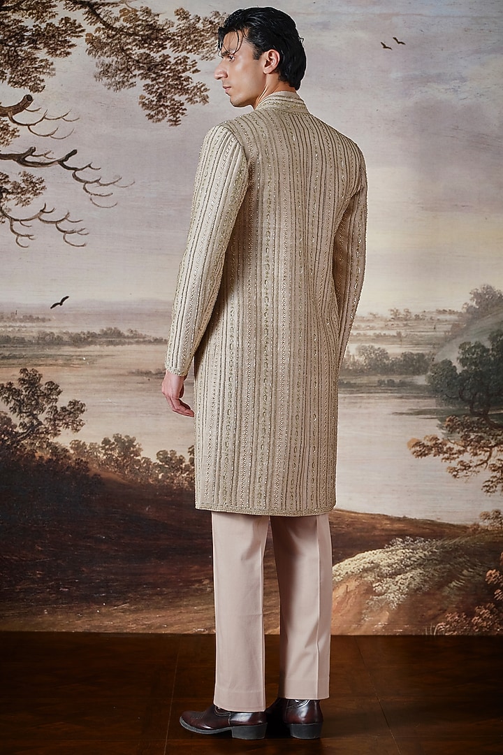 Beige Raw Silk Embroidered Groom Sherwani Set by Mahima Mahajan Men at Pernia's Pop Up Shop