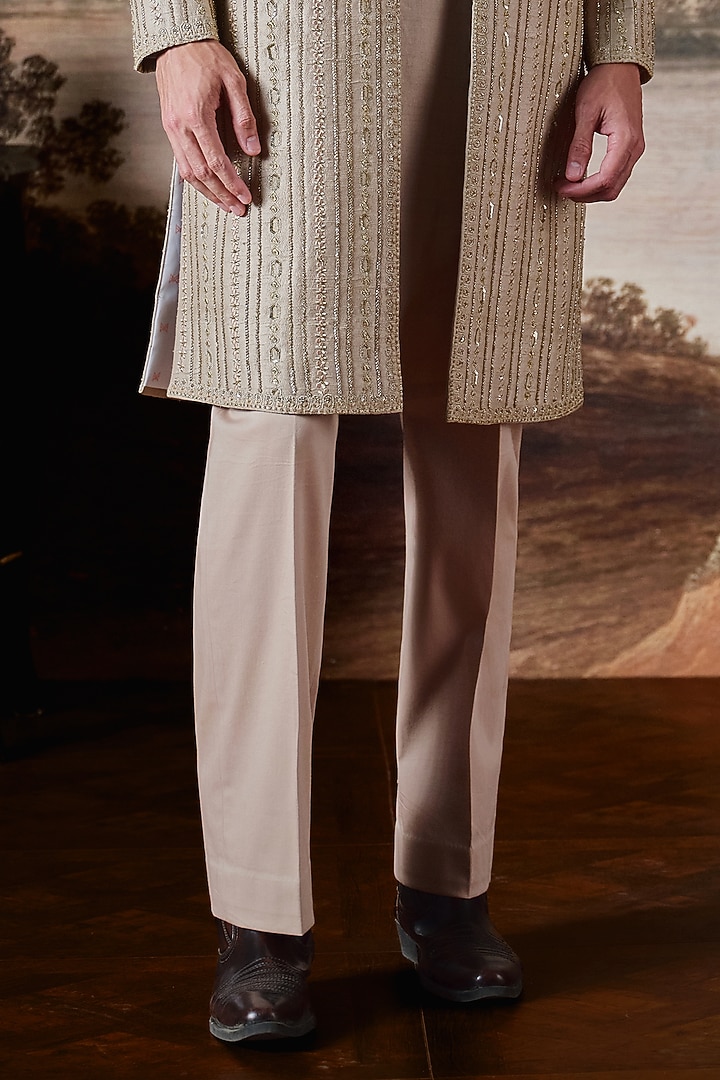 Beige Raw Silk Embroidered Groom Sherwani Set by Mahima Mahajan Men at Pernia's Pop Up Shop